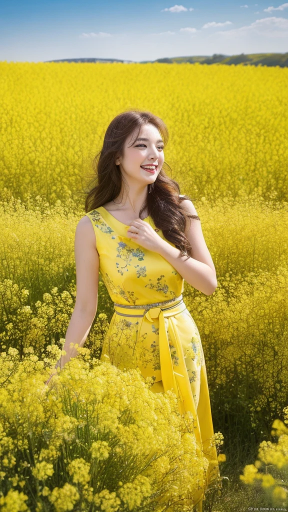 (lifelike, high resolution:1.3), close up,Sense of story,Realism,Chinese aesthetics,In a field of rapeseed flowers。Rapeseed flowers bloom,Shining with golden light。Her laughter was crisp,It was full of joyful atmosphere。A belt decorated with rape flowers is tied around the waist,Blending in with the surrounding rapeseed flowers。The background is a sea of yellow rapeseed flowers,Birds are singing in the flowers,In the distance are wheat fields and villages。Bright and cheerful colors,Depicts a story about pastoral life and happiness。