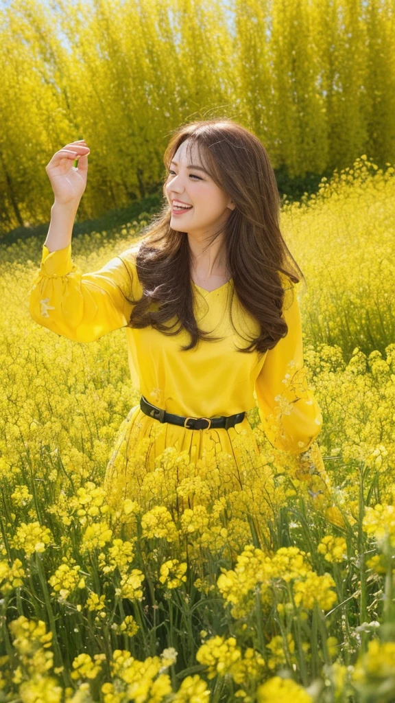 （lifelike， high resolution：1.3）， close up，Sense of story，Realism，Chinese aesthetics，In a field of rapeseed flowers。Rapeseed flowers bloom，Shining with golden light。Her laughter was crisp，It was full of joyful atmosphere。A belt decorated with rape flowers is tied around the waist，Blending in with the surrounding rapeseed flowers。The background is a sea of yellow rapeseed flowers，Birds are singing in the flowers，In the distance are wheat fields and villages。Bright and cheerful colors，Depicts a story about pastoral life and happiness。