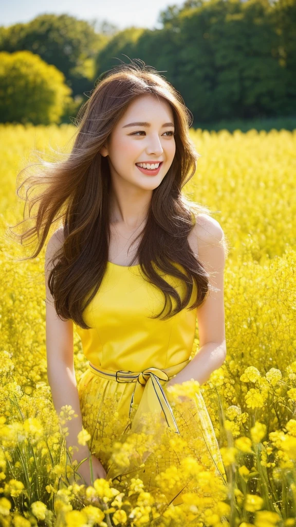 (lifelike, high resolution:1.3), close up,Sense of story,Realism,Chinese aesthetics,In a field of rapeseed flowers。Rapeseed flowers bloom,Shining with golden light。Her laughter was crisp,It was full of joyful atmosphere。A belt decorated with rape flowers is tied around the waist,Blending in with the surrounding rapeseed flowers。The background is a sea of yellow rapeseed flowers,Birds are singing in the flowers,In the distance are wheat fields and villages。Bright and cheerful colors,Depicts a story about pastoral life and happiness。
