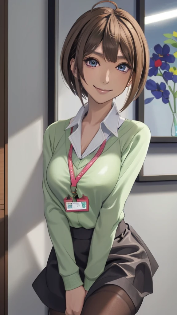 2D, masterpiece, highest quality, anime, highly detailed face, highly detailed eyes, highly detailed background, perfect lighting, whole body, 1 girl, alone, Harusaki Nodoka, collared shirt, Green sweater, black skirt, pantyhose, ID card, embarrassing, smile, Are standing, office 