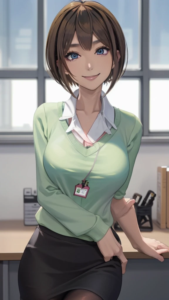 2D, masterpiece, highest quality, anime, highly detailed face, highly detailed eyes, highly detailed background, perfect lighting, whole body, 1 girl, alone, Harusaki Nodoka, collared shirt, Green sweater, black skirt, pantyhose, ID card, embarrassing, smile, Are standing, office 