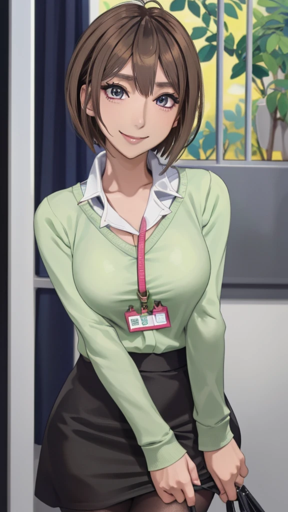 2D, masterpiece, highest quality, anime, highly detailed face, highly detailed eyes, highly detailed background, perfect lighting, whole body, 1 girl, alone, Harusaki Nodoka, collared shirt, Green sweater, black skirt, pantyhose, ID card, embarrassing, smile, Are standing, office 