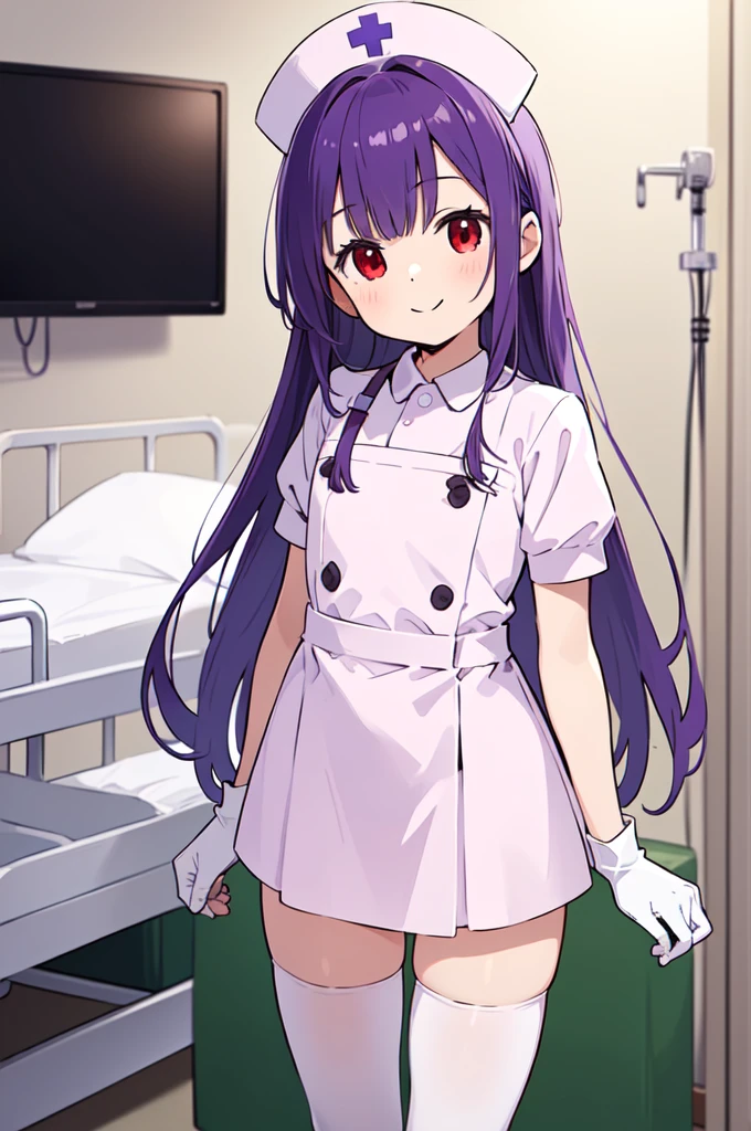 1boy, solo, male focus, nurse, white nurse cap, white nurse uniform, ((white legwear, zettai ryouiki)), white gloves, long hair, purple hair, red eyes, smile, standing, ((hospital room)), sharp outline, short sleeves, shota, , best quality, masterpiece