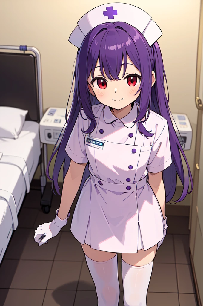 1boy, solo, male focus, nurse, white nurse cap, white nurse uniform, ((white legwear, zettai ryouiki)), white gloves, long hair, purple hair, red eyes, smile, standing, ((hospital room)), sharp outline, short sleeves, shota, , best quality, masterpiece