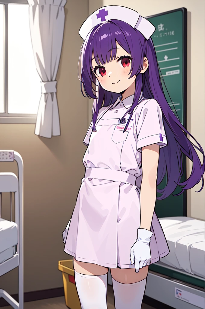 1boy, solo, male focus, nurse, white nurse cap, white nurse uniform, ((white legwear, zettai ryouiki)), white gloves, long hair, purple hair, red eyes, smile, standing, ((hospital room)), sharp outline, short sleeves, shota, 12 years old, best quality, masterpiece