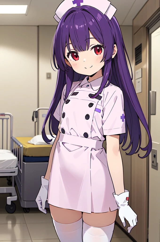 1boy, solo, male focus, nurse, white nurse cap, white nurse uniform, ((white legwear, zettai ryouiki)), white gloves, long hair, purple hair, red eyes, smile, standing, ((hospital room)), sharp outline, short sleeves, shota, 12 years old, best quality, masterpiece