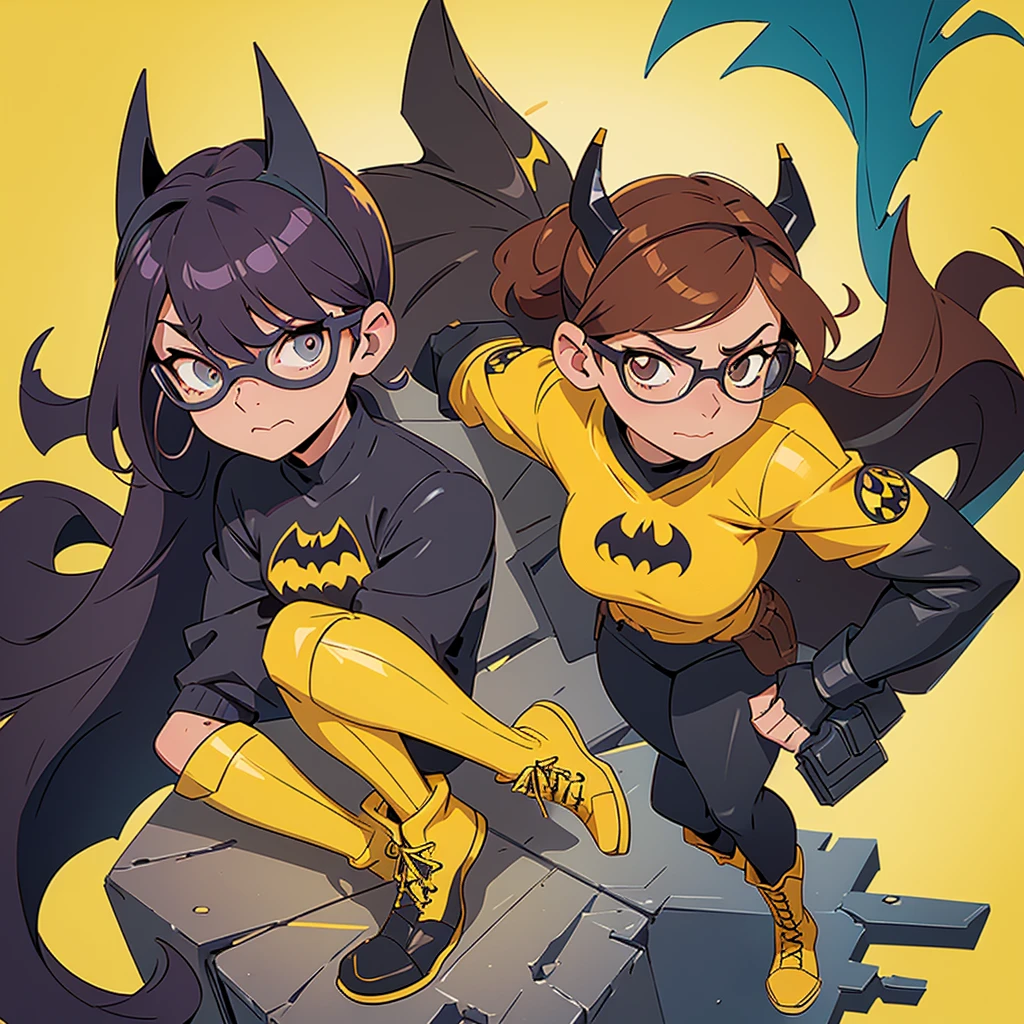 I want you to create a fanart illustration in 2D style of a character, of the character Barbara Gordon.  She is Batgirl, she has the same uniform as Batman, except she will be wearing yellow combat boots.