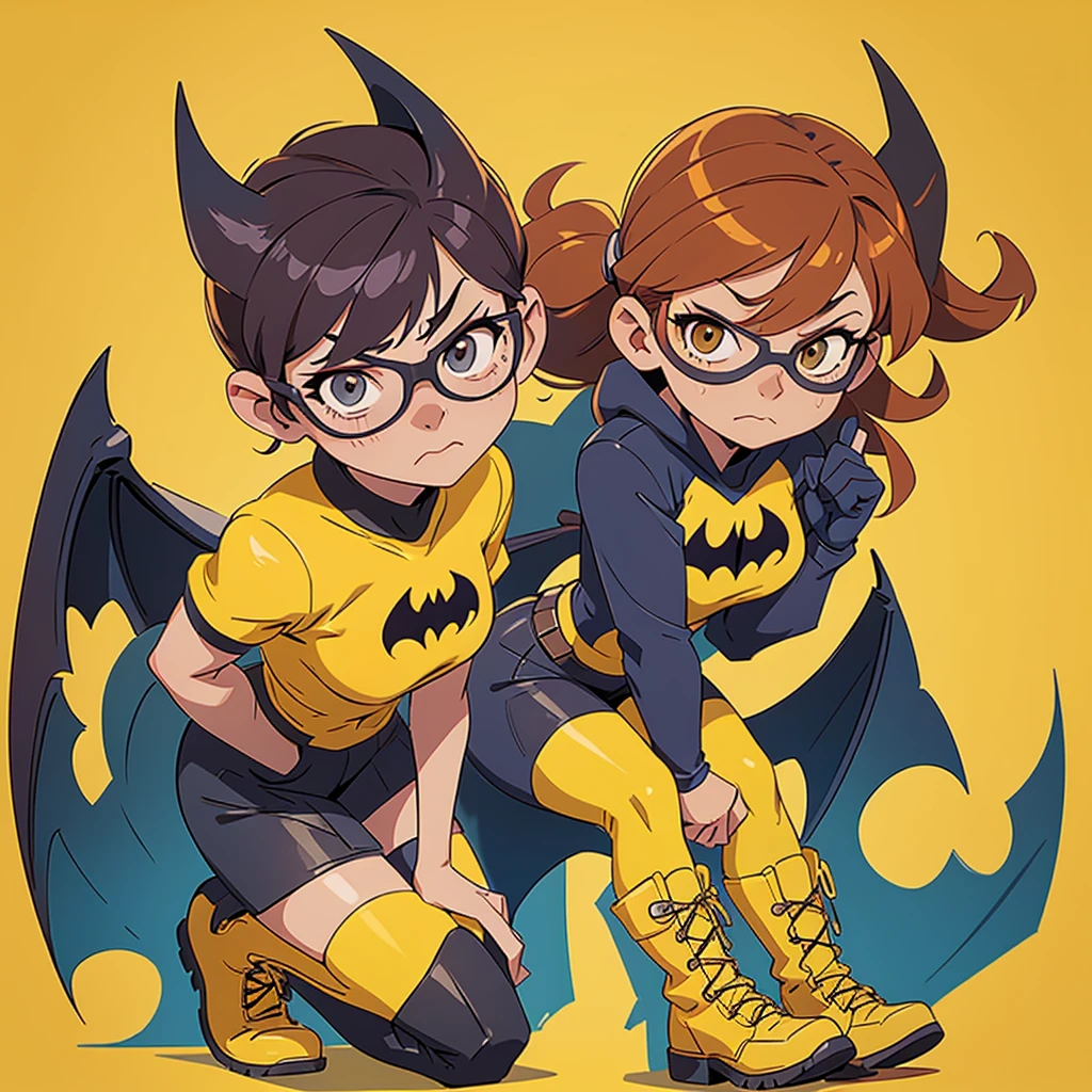 I want you to create a fanart illustration in 2D style of a character, of the character Barbara Gordon.  She is Batgirl, she has the same uniform as Batman, except she will be wearing yellow combat boots.