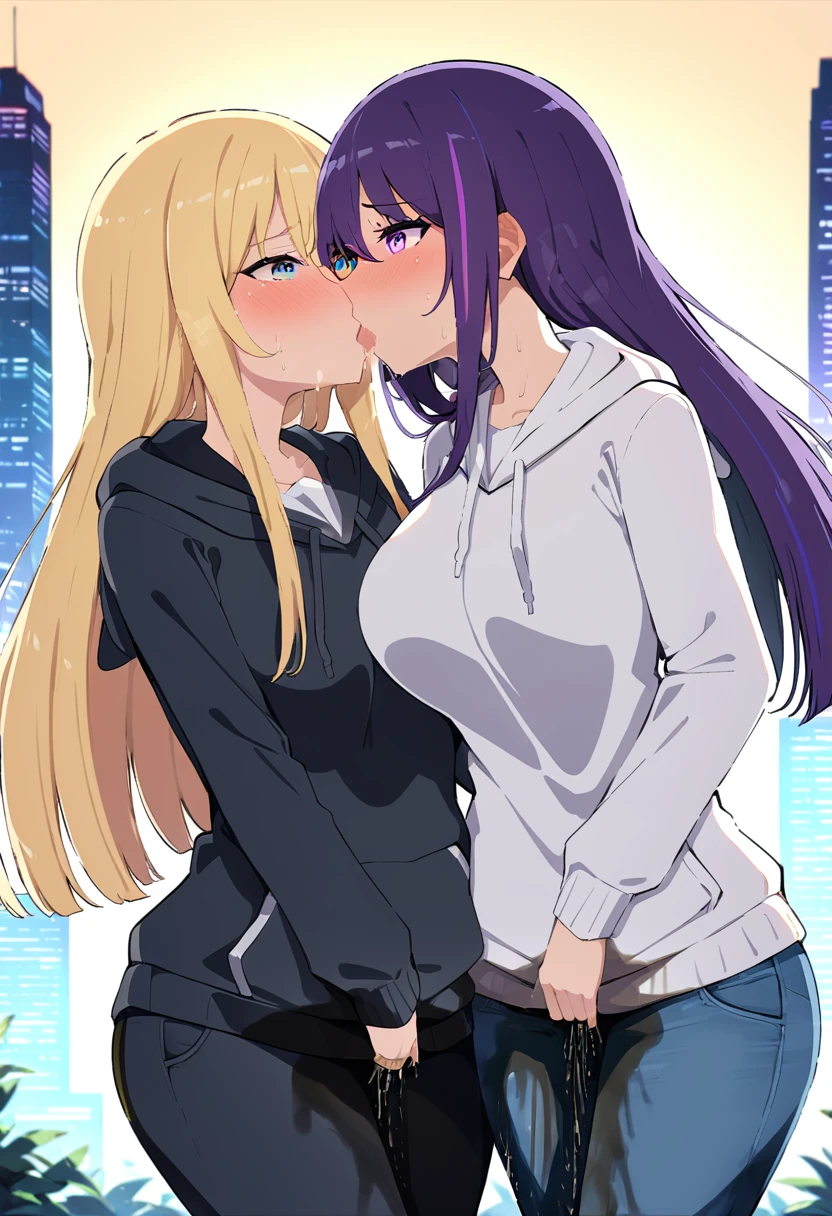 (masterpiece:1.37), best quality, (extremely detailed:1.37), 2girls, kiss, yuri, woman, (mature:1.5), (adult:1.5), large breasts, very long hair, (straight hair:1.5), dark purple hair, blonde hair, purple eyes, blue eyes, (extremely detailed eyes:1.37), hoodie, jeans, desperation, (wetting self:1.5), standing, embarrassed, humiliation, blushing, angry, city, futuristic, neon lighting, high-tech, street, skyscraper