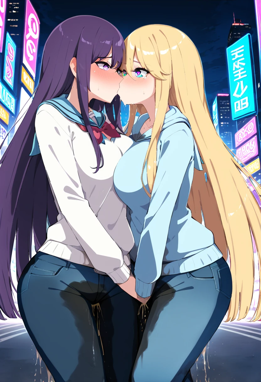 (masterpiece:1.37), best quality, (extremely detailed:1.37), 2girls, kiss, yuri, woman, (mature:1.5), (adult:1.5), large breasts, very long hair, (straight hair:1.5), dark purple hair, blonde hair, purple eyes, blue eyes, (extremely detailed eyes:1.37), hoodie, jeans, desperation, (wetting self:1.5), standing, embarrassed, humiliation, blushing, angry, city, futuristic, neon lighting, high-tech, street, skyscraper