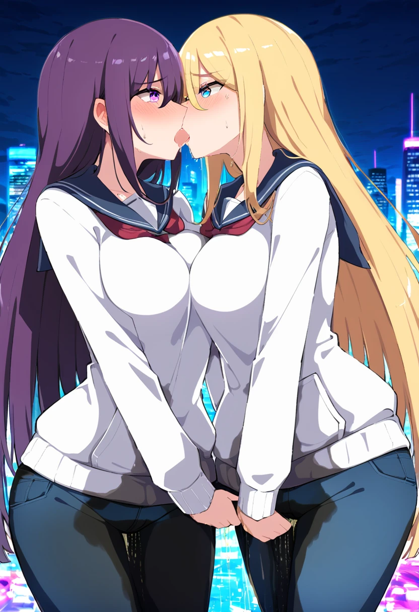 (masterpiece:1.37), best quality, (extremely detailed:1.37), 2girls, kiss, yuri, woman, (mature:1.5), (adult:1.5), large breasts, very long hair, (straight hair:1.5), dark purple hair, blonde hair, purple eyes, blue eyes, (extremely detailed eyes:1.37), hoodie, jeans, desperation, (wetting self:1.5), standing, embarrassed, humiliation, blushing, angry, city, futuristic, neon lighting, high-tech, street, skyscraper