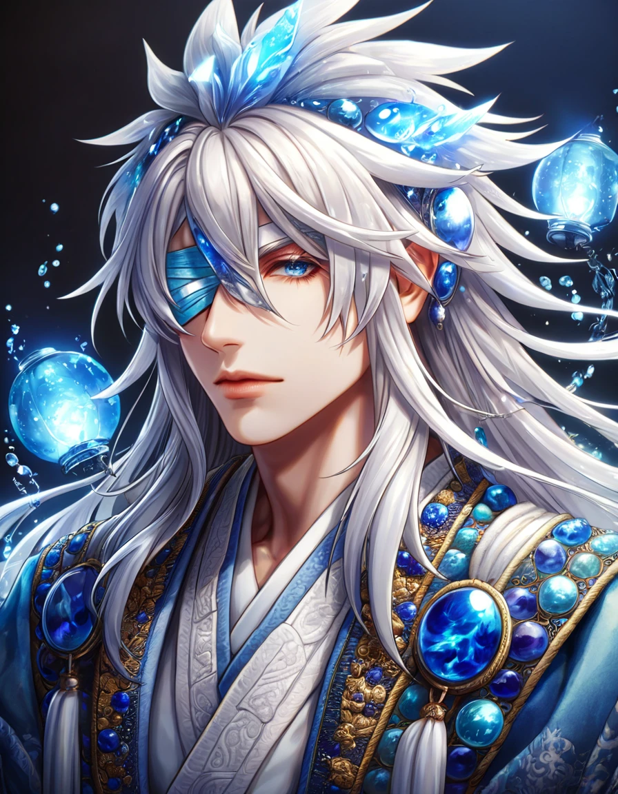 absurdres, highres, ultra detailed, HDR, master piece, best quality, extremely detailed face, delicated features, Gojou Saoru, untamed spiky hair, white hair, long hair, hair between the eyes, bandages over the eyes, Thousand Years War, solo, sexy man, handsome, blue haori, white fantasy robes, water, fantasy, magic, envy magical, blue dust, blue lanterns, blue fire, blue floating round lights