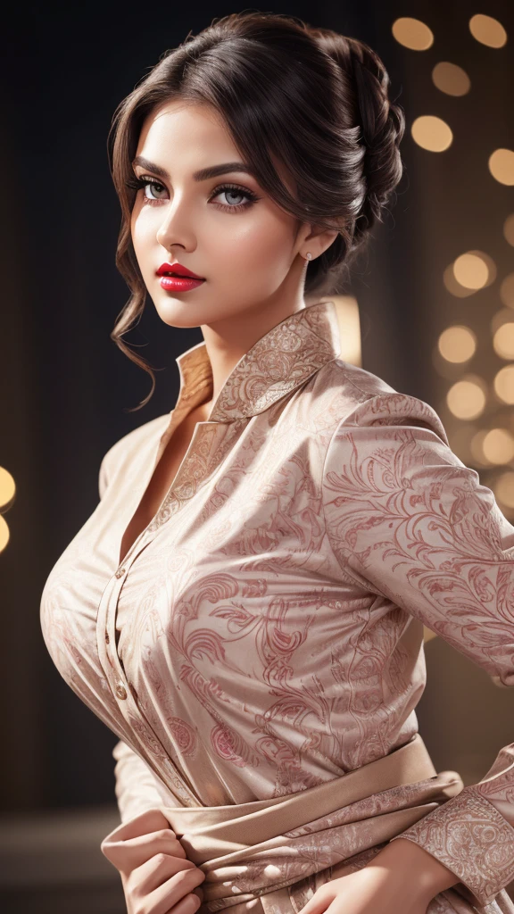 waist high body, big, tall , night bokeh effect background, bodycon, Perfect pink eyes, Great face, Indian, Beautiful appearance, ((Red lips, Bright Eyes, Curve Heir 1.5)), ((Beautiful detailed body)), Amazing gorgeous, amazing beautiful face, Pretty face, Bright Eyes, allured chest, small waist, dynamic crouching pose, from below, beige Elegant printed shirt with attention to detail, Updo Elegant Hair, Blurred gray tone background, super concentrated, Illuminate, Facial details, 8k resolution, I drew, Dry brush, Brush strokes,
