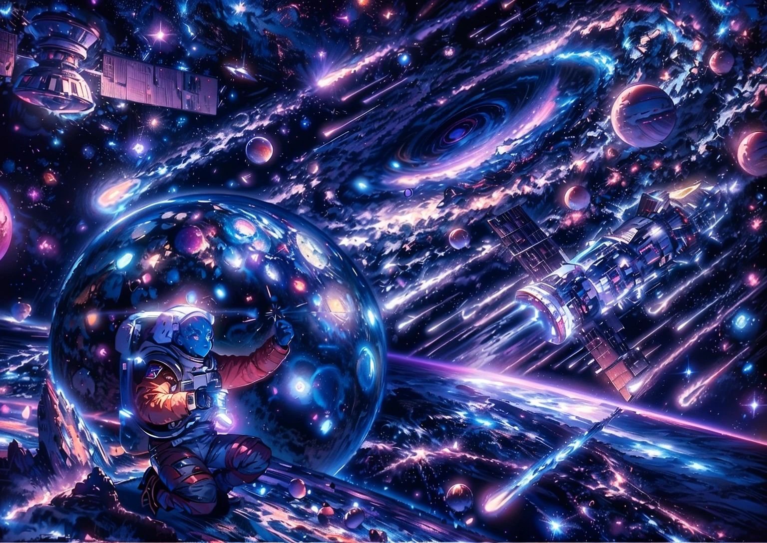 The background is a spectacularly large interstellar galaxy with planets orbiting it. The image includes elements such as spaceships, rocket ships and other celestial bodies. An astronaut photographs colorful galaxies and comets surrounded by space debris, like sat_FACEyalismart style, in vibrant colors. This scene creates a dynamic atmosphere that captures the excitement and wonder of exploring the outer universe. It vividly depicts the astronaut's journey through the cosmic landscape.