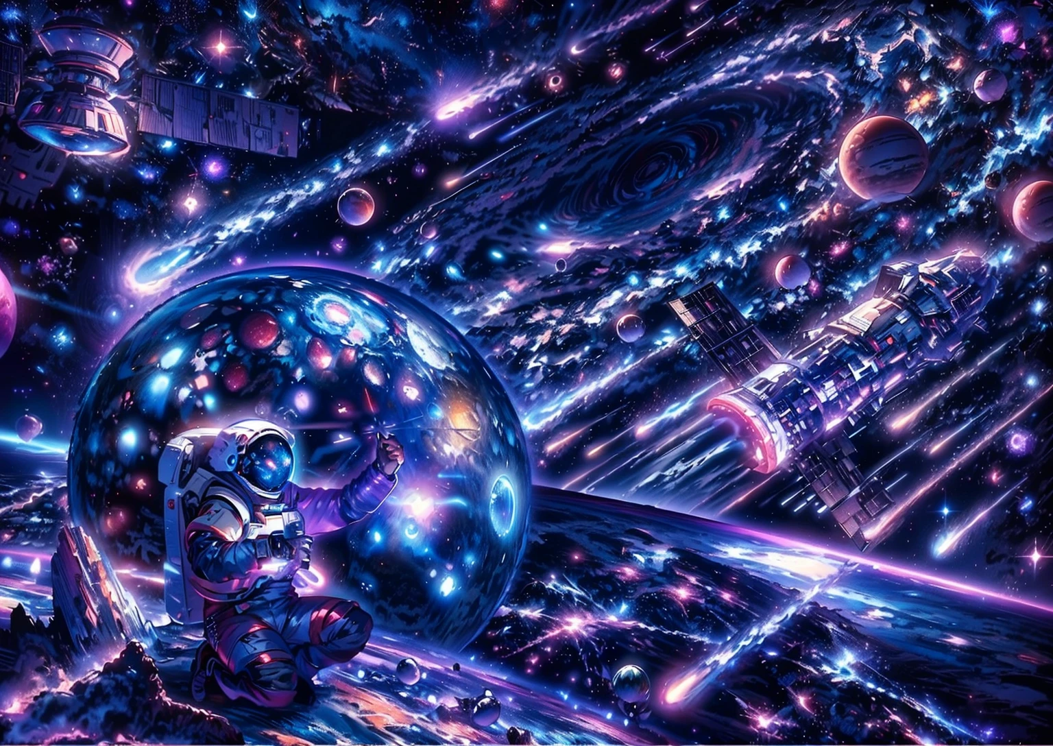 The background is a spectacularly large interstellar galaxy with planets orbiting it. The image includes elements such as spaceships, rocket ships and other celestial bodies. An astronaut photographs colorful galaxies and comets surrounded by space debris, like sat_FACEyalismart style, in vibrant colors. This scene creates a dynamic atmosphere that captures the excitement and wonder of exploring the outer universe. It vividly depicts the astronaut's journey through the cosmic landscape.