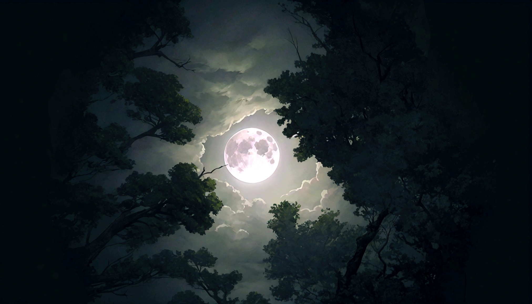 Full moon and clouds on the sky from the tree branches, worm-eye view