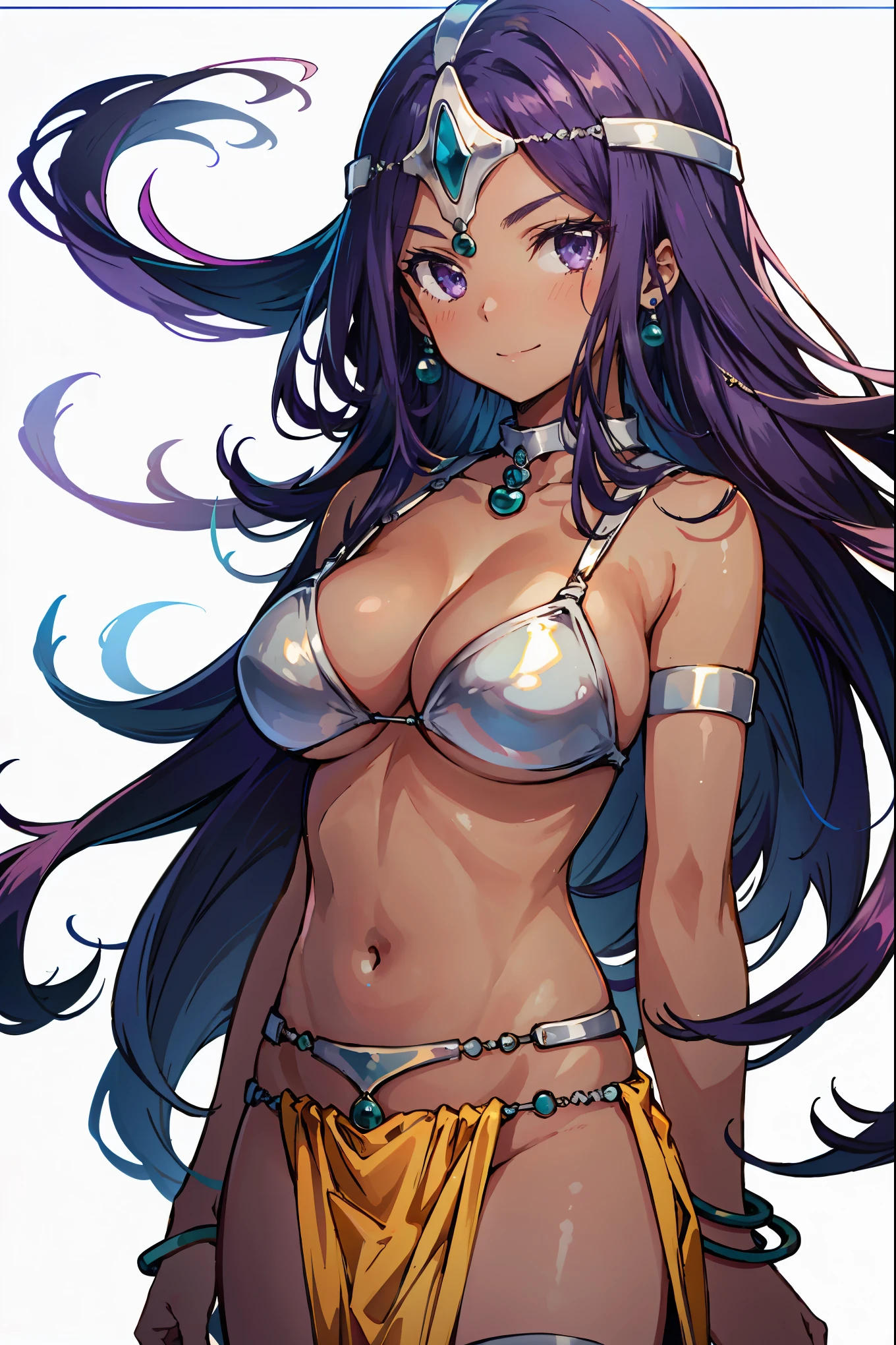 1girl, solo, dqManya, white background, cowboy shot, purple hair, bikini, loincloth, large breasts, cleavage, soft stomach, circlet, earrings, choker, bracelet, armlet, closed mouth, smile, blush