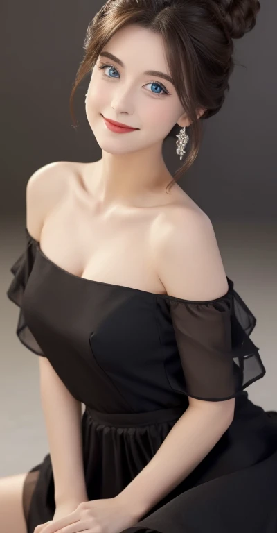 (With a beautiful fitted black dress elegant long strapless sexy Disney princess., With intricate details that shape your body with a short multi-layered chiffon skirt, very sexy and seductive..............:1.2), looking to the camera, cinematic lighting, perfect, Luz outfit, high resolution skin:1.2, realistic skin texture, years、a small face、without makeup、, off the shoulders,Big bust、small neckline, Blue eyes, bun hair, Dark brown hair, (full body sexy on picture 1.5)、neutral background and looking at the target and with a nice smile