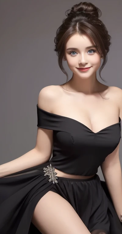 (With a beautiful fitted black dress elegant long strapless sexy Disney princess., With intricate details that shape your body with a short multi-layered chiffon skirt, very sexy and seductive..............:1.2), looking to the camera, cinematic lighting, perfect, Luz outfit, high resolution skin:1.2, realistic skin texture, 14 years、a small face、without makeup、, off the shoulders,Big bust、small neckline, Blue eyes, bun hair, Dark brown hair, (full body sexy on picture 1.5)、neutral background and looking at the target and with a nice smile