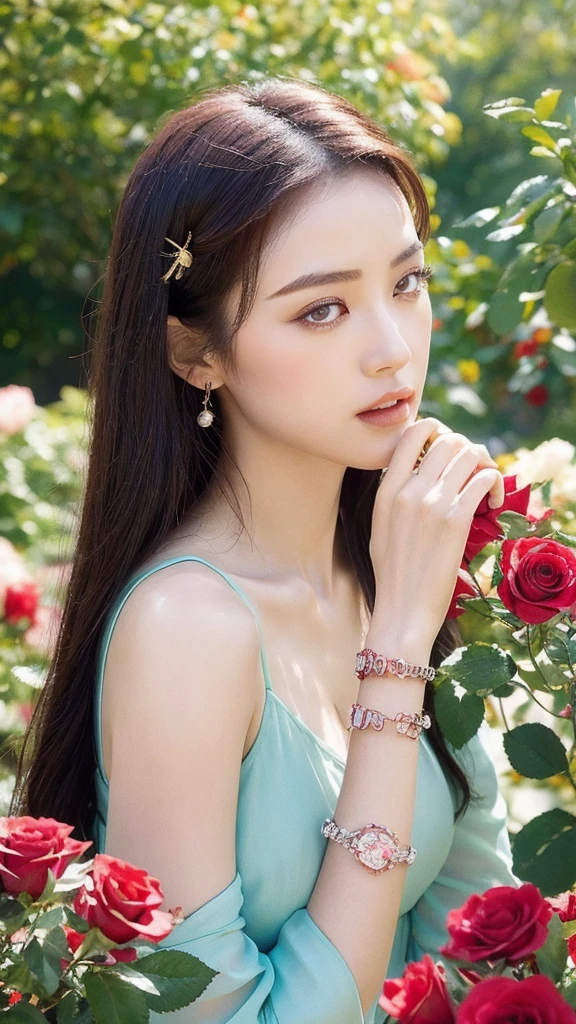 (lifelike, high resolution:1.3), close up,Sense of story,Realism,Chinese aesthetics,In a rose garden。Roses are delicate,Exuding an intoxicating aroma。Her expression is charming,Full of charm。A rose bracelet is worn on the wrist,The surrounding roses complement each other。Background is a sea of red roses,Dragonfly resting on the flowers,The castle and gardens in the distance。Colorful and attractive,Depicting a story about passion and dreams。