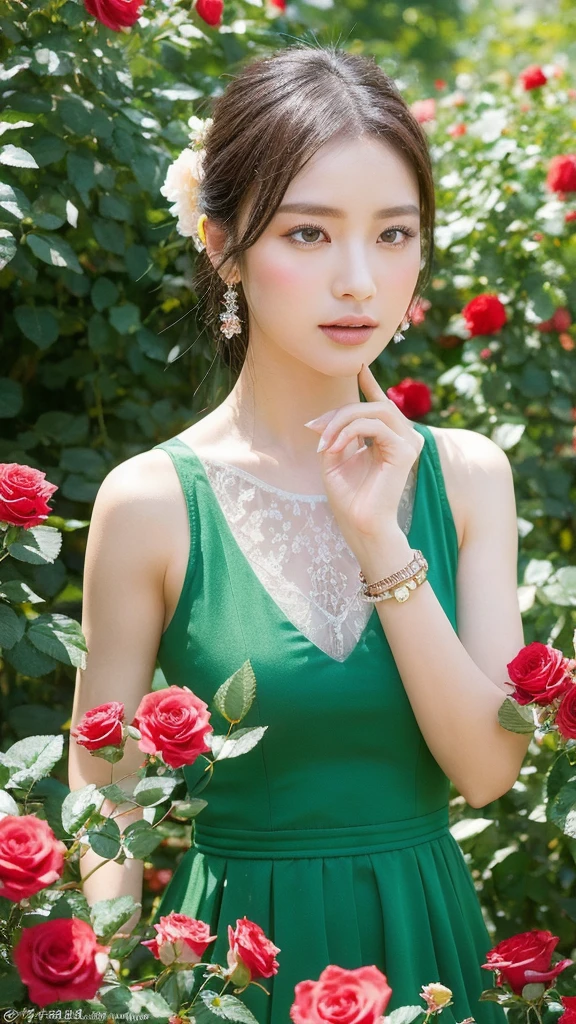 (lifelike, high resolution:1.3), close up,Sense of story,Realism,Chinese aesthetics,In a rose garden。Roses are delicate,Exuding an intoxicating aroma。Her expression is charming,Full of charm。A rose bracelet is worn on the wrist,The surrounding roses complement each other。Background is a sea of red roses,Dragonfly resting on the flowers,The castle and gardens in the distance。Colorful and attractive,Depicting a story about passion and dreams。