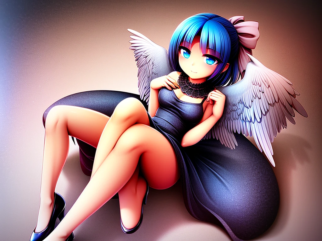(best quality,4k,8k,highres,masterpiece:1.2), ultra-detailed, highly detailed texture, intricate details, A cute teenage angel with blue eyes, drawn in anime style, 1girl, , , 10 years old, medium blue hair, hair flaps, pink ribbon on head, well-formed face, blue eyes, angel girl, white blouse, puffy short sleeves, red ribbon, angel wings, long white skirt, red shoes, frills, ribbon head, A pair of angel wings on the back