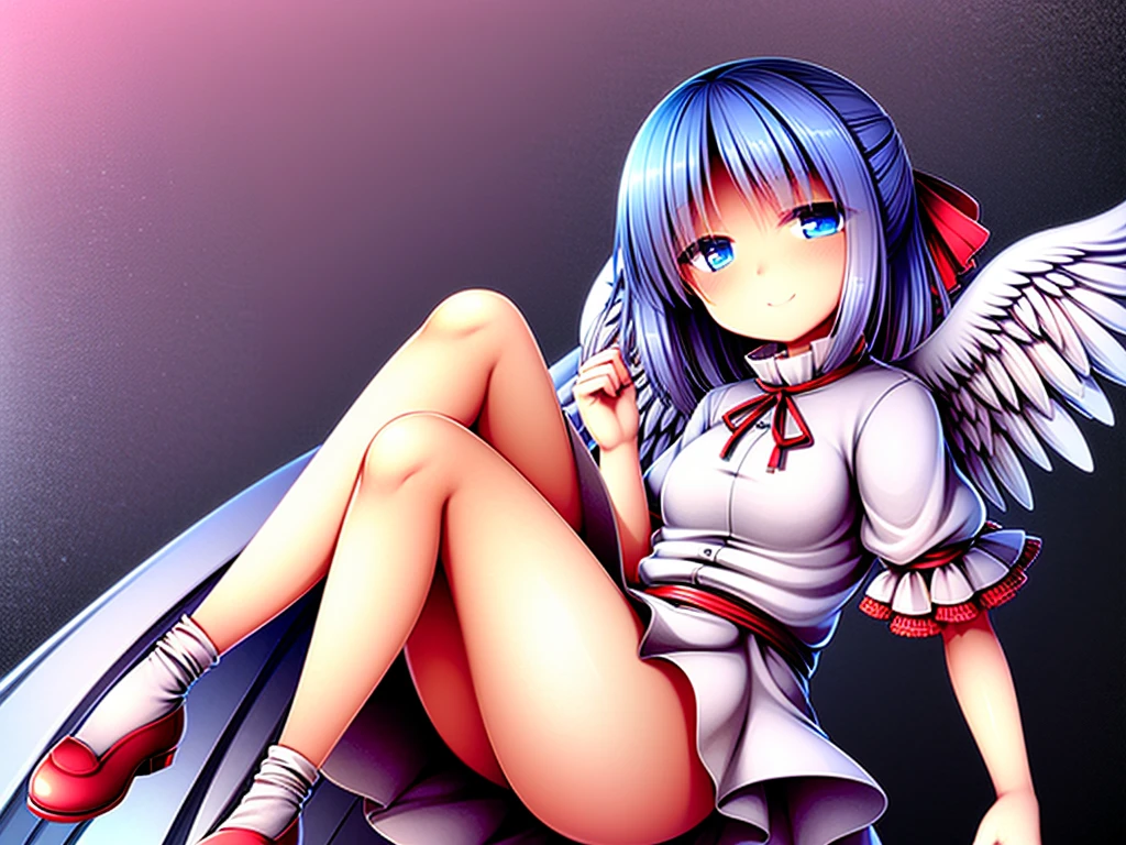 (best quality,4k,8k,highres,masterpiece:1.2), ultra-detailed, highly detailed texture, intricate details, A cute teenage angel with blue eyes, drawn in anime style, 1girl, , , s old, medium blue hair, hair flaps, pink ribbon on head, well-formed face, blue eyes, angel girl, white blouse, puffy short sleeves, red ribbon, angel wings, long white skirt, red shoes, frills, ribbon head, A pair of angel wings on the back