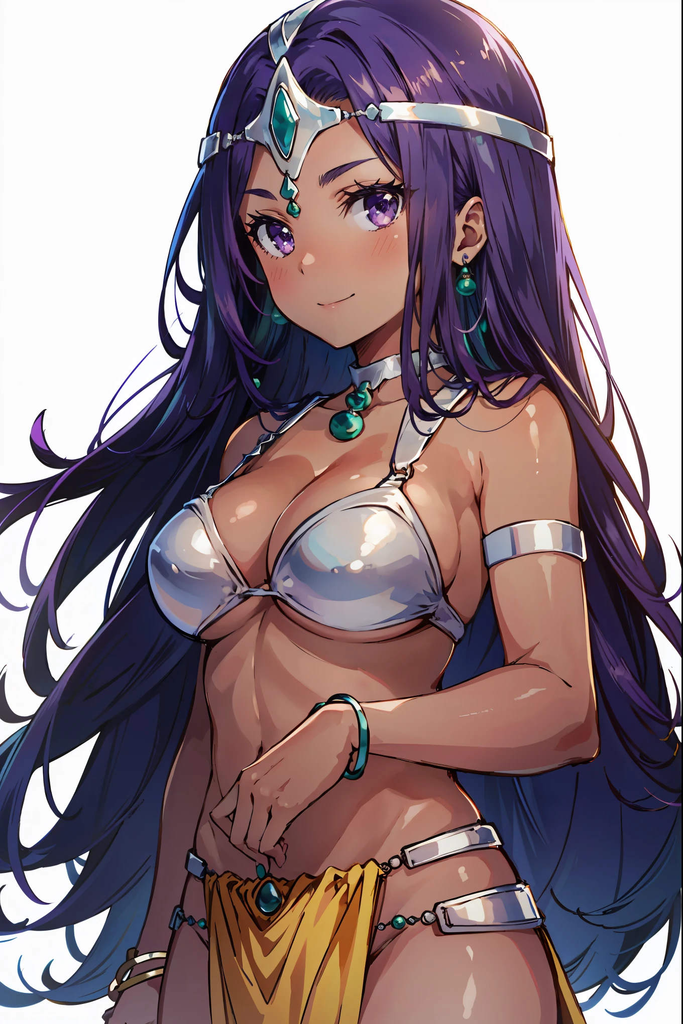 1girl, solo, dqManya, white background, cowboy shot, purple hair, bikini, loincloth, large breasts, cleavage, soft stomach, circlet, earrings, choker, bracelet, armlet, closed mouth, smile, blush