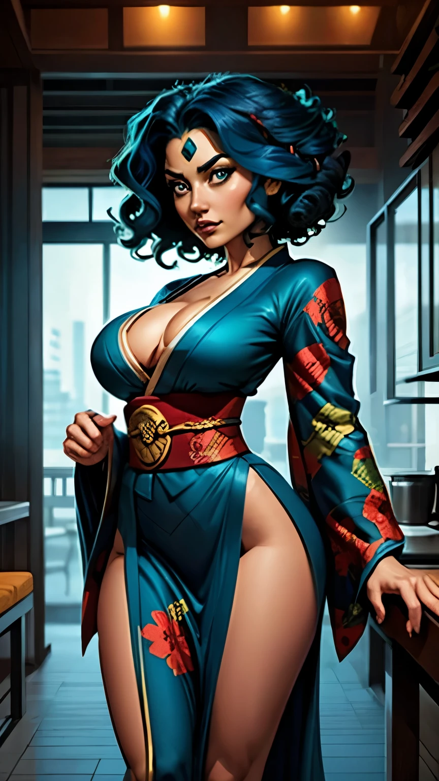 blue curly hair. Deep coffee eyes, dark and energetic. She wears a green kimono.busty. comic style, quadrinhos da marvel