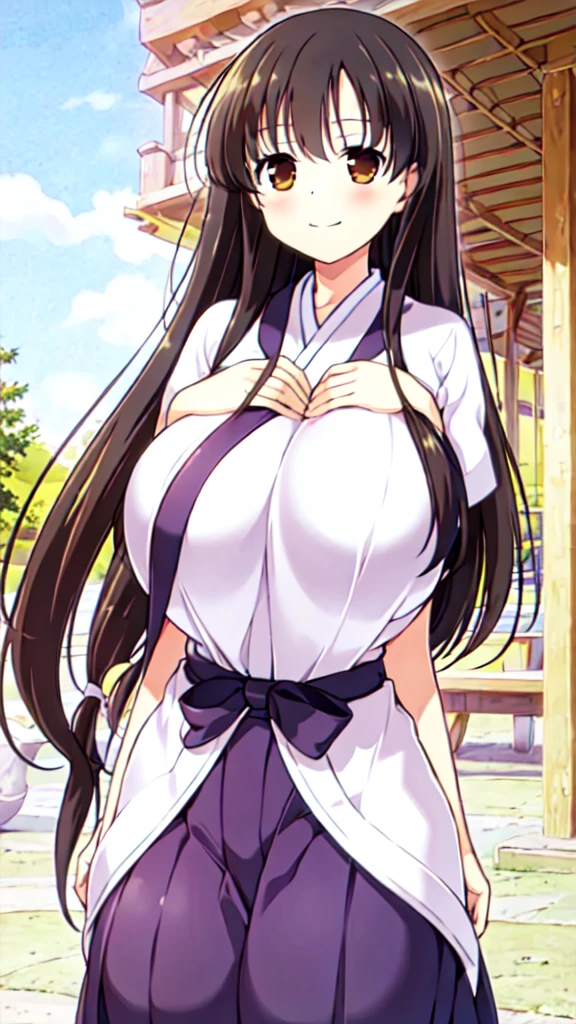 Girl in Priestess Uniform, Kasumi Iwato ,Outfit with open chest, Shoulder-exposing sleeves, Short hakama, smile, looking at viewer, (Huge Breasts:1.4), Inside Japan house, Close-up from the waist up