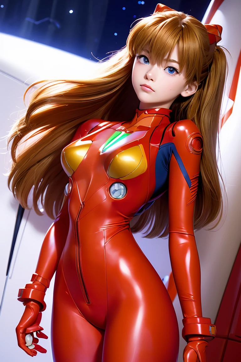 (俯瞰figure),Dynamic Angle,Super detailed, figure, close, Straight, One girl, 
 ((Soryu Asuka Langley, Interface Headset, Red bodysuit:1.4, blonde)),Her eyes shone like dream-like stars,(Glowing Eyes:1.233),(Beautiful and detailed:1.1),(Expressionless,Mouth closed),(Are standing), 
(In a white spaceship、Mechanic room with tools and spaceship window),
(night:1.2),dream-like, [[Delicate fingers and hands:0.55]::0.85],(Finger details),