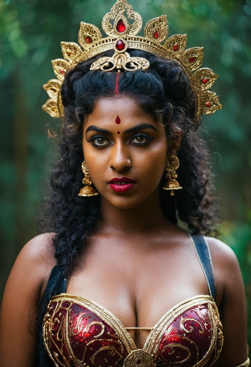 (((photo of a ancient kerala crowned temple goddess ))), (((black kali))) , (((Half Body))), (((very dark skin))), (((age 18+))), (((chubby tall))), (((huge busty milky wet big massive boobs))), (((nude thigh))), (((ancient black mini skirt))), ((black skin dark body)), (((red ornaments))), (((depth of field))), ((( flame bokeh))), (((rain))), ((( flashing light leaks))), (((divine))), photorealistic,photo, realism, Getty Images, RAW candid cinema, 16mm, colour graded portra 400 film, remarkable colour, ultra realistic, textured skin, remarkable detailed pupils, realistic dull skin noise, visible skin detail, skin fuzz, dry skin, shot with cinematic,light leaks, RAW Image, DOF, depth of field,bokeh