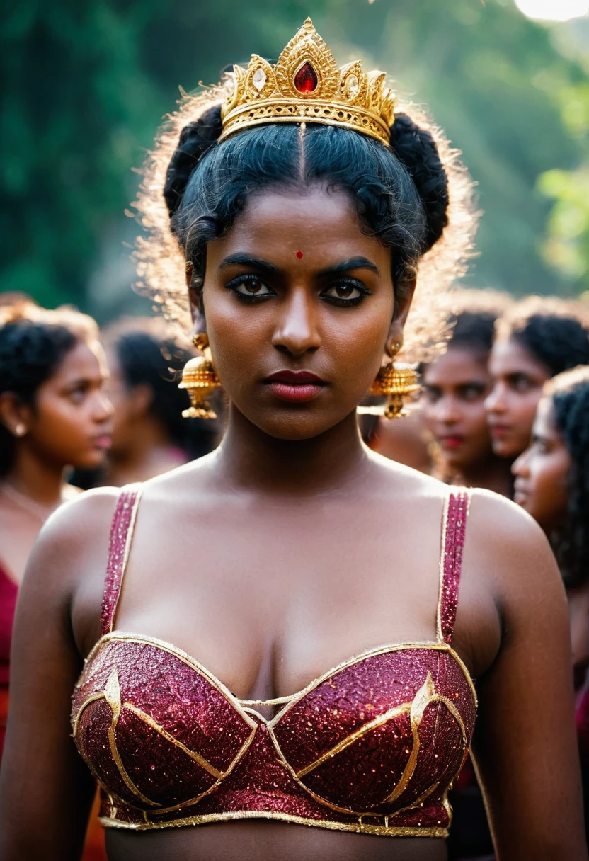 (((photo of a ancient kerala crowned temple goddess ))), (((black kali))) , (((Half Body))), (((very dark skin))), (((age 18+))), (((chubby tall))), (((huge busty milky wet big massive boobs))), (((nude thigh))), (((ancient black mini skirt))), ((black skin dark body)), (((red ornaments))), (((depth of field))), ((( flame bokeh))), (((rain))), ((( flashing light leaks))), (((divine))), photorealistic,photo, realism, Getty Images, RAW candid cinema, 16mm, colour graded portra 400 film, remarkable colour, ultra realistic, textured skin, remarkable detailed pupils, realistic dull skin noise, visible skin detail, skin fuzz, dry skin, shot with cinematic,light leaks, RAW Image, DOF, depth of field,bokeh