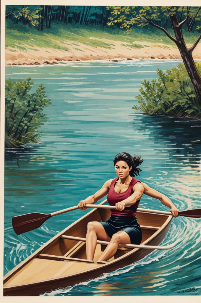 A comic panel of a woman rowing on a river