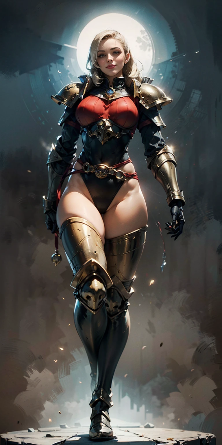 (masterpiece, best quality, 4k, 1girlsolo, 1MILF, mmplatz, smile, red cheeks, plain background:1.2) perfect face, perfect lighting, mature whsororitas with gloves red gauntlets in her hands like Cammy White from Street Fighter, bob white hair, warhammer 40k power armor suit with loincloth, red eyes like rubies, full body RED armor, view from below, looking to the viewer, arms to the sides empty hands, RED military boots, silver skull ornament attached to crossing 2 belt wide hips, 2 long legs