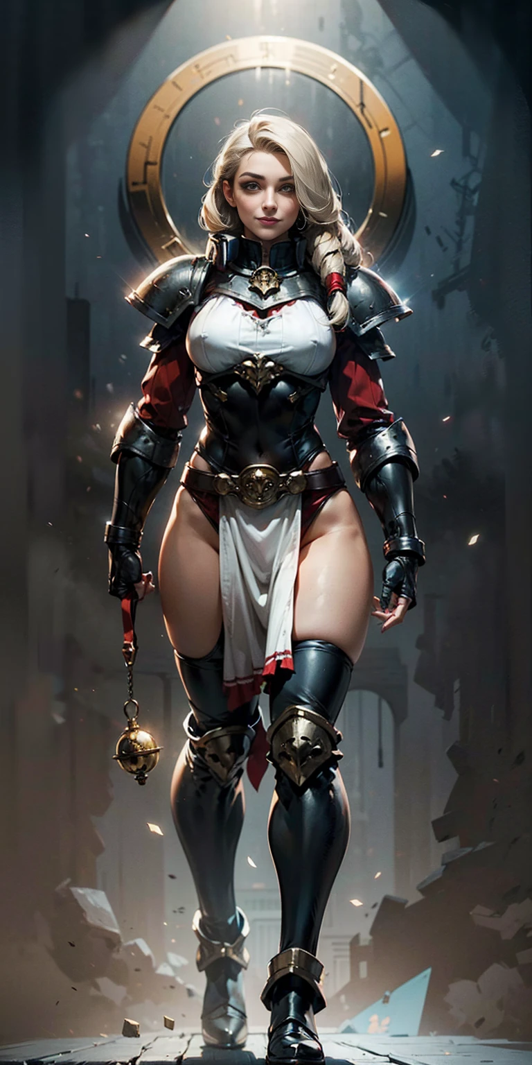 (masterpiece, best quality, 4k, 1girlsolo, 1MILF, mmplatz, smile, red cheeks, plain background:1.2) perfect face, perfect lighting, mature whsororitas with gloves red gauntlets in her hands like Cammy White from Street Fighter, bob white hair, warhammer 40k power armor suit with loincloth, red eyes like rubies, full body RED armor, view from below, looking to the viewer, arms to the sides empty hands, RED military boots, silver skull ornament attached to crossing 2 belt wide hips, 2 long legs