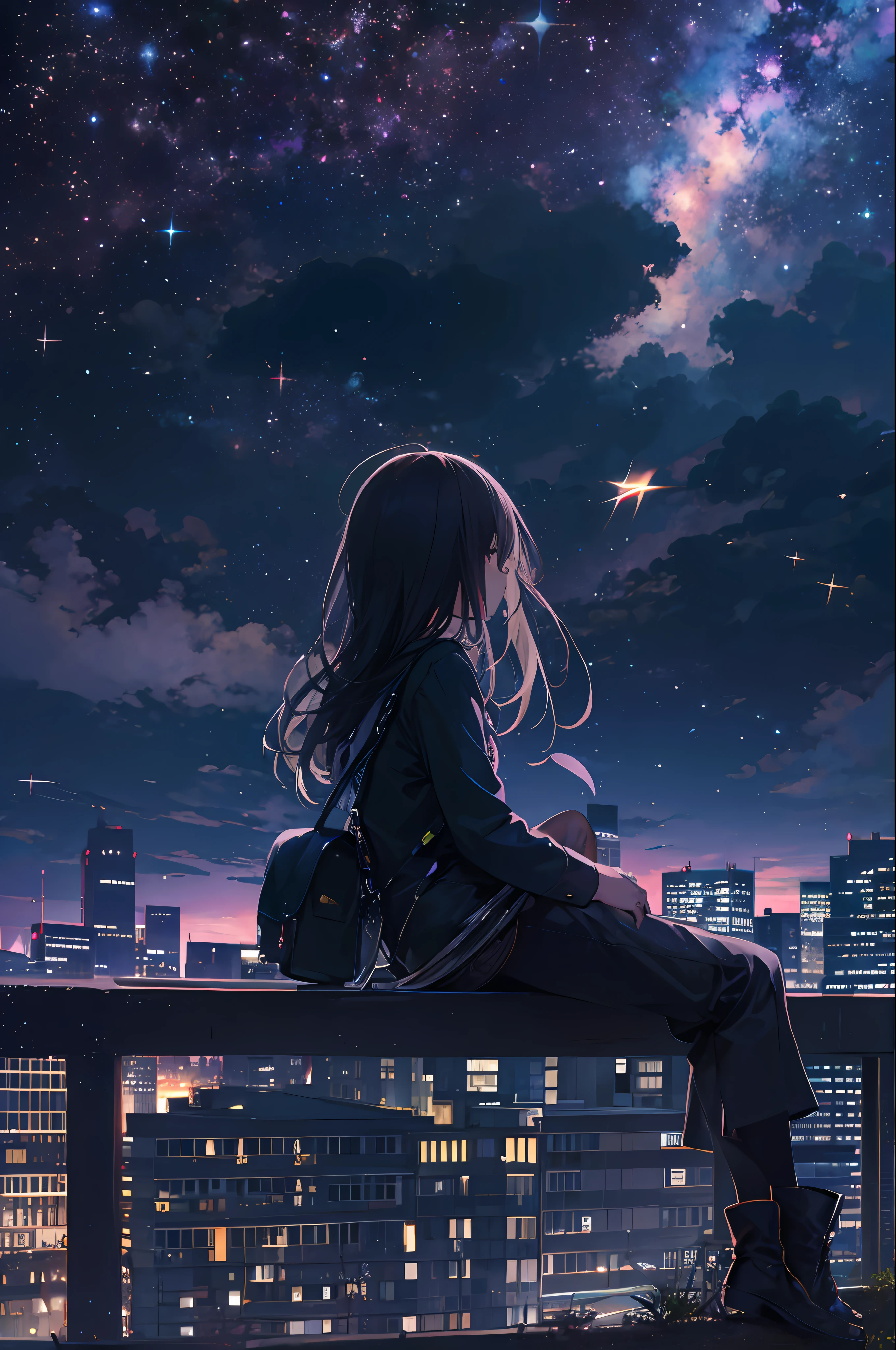 octane, Sky, Star (Sky), landscape, Starry Sky, night, 1 Girl, night Sky, Solitary, outdoor, architecture, cloud, Milky Way, sit, Tree, Long hair, City, contour, Cityscape