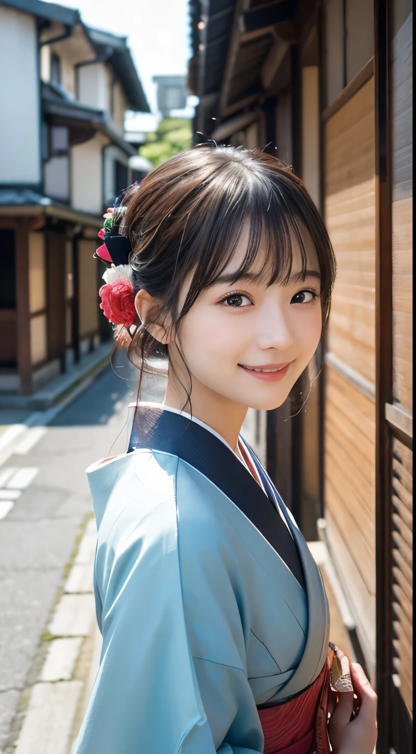 Professional Lighting,(Realistic:1.4), (Top image quality:1.0), (超High resolution:1.0), 8K, Raw photography, (masterpiece:0.2), (Dealing with the Children_v1:0.5)、(最高quality Detail:1.2)、Realistic、8K Ultra HD、High resolution、(1 Girl:1.2)、超detailedな、High quality textures、複雑なdetailed、detailed、Very detailed CG、High quality shadows、detailed 美しく繊細な顔、Beautiful details and a delicate eye、(Symmetrical eyes:1.2),Written boundary depth、Ray Tracing,1 Girl, Japanese Girls, (Natural smile:1.4),cute, thin, Portrait of a beautiful Japanese woman in a kimono, Standing elegantly on a street corner in Kyoto. Kimono with vibrant traditional patterns, Hair decorated with elegant and delicate hairpins, Gentle expression. (With the old streets of Kyoto in the background:1.4)、The soft light of a spring afternoon、Adding tranquility to the scene. Rendered in a Realistic style with great attention to detail, High resolutionの画像.Sky Porn, Magic Hour, (Realistic:1.3), finely, quality, (Tabletop:1.2), (Realistic:1.2), (最高quality), (複雑なdetailed), dramatic, Ray Tracing, photograph, +roller