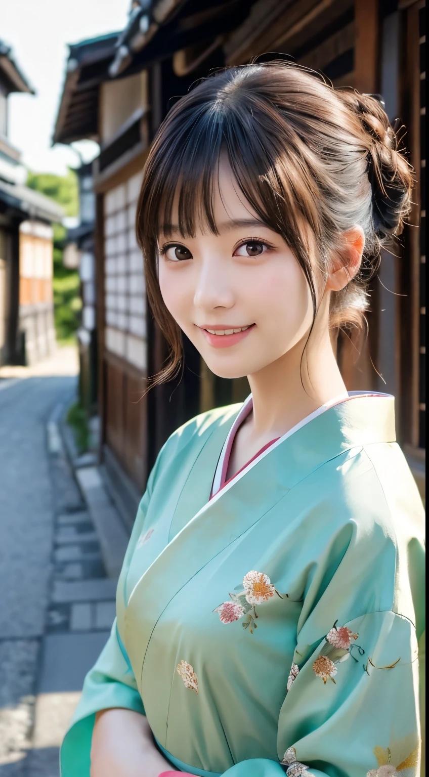 Professional Lighting,(Realistic:1.4), (Top image quality:1.0), (超High resolution:1.0), 8K, Raw photography, (masterpiece:0.2), (Dealing with the Children_v1:0.5)、(最高quality Detail:1.2)、Realistic、8K Ultra HD、High resolution、(1 Girl:1.2)、超detailedな、High quality textures、複雑なdetailed、detailed、Very detailed CG、High quality shadows、detailed 美しく繊細な顔、Beautiful details and a delicate eye、(Symmetrical eyes:1.2),Written boundary depth、Ray Tracing,1 Girl, Japanese Girls, (Natural smile:1.4),cute, thin, Portrait of a beautiful Japanese woman in a kimono, Standing elegantly on a street corner in Kyoto. Kimono with vibrant traditional patterns, Hair decorated with elegant and delicate hairpins, Gentle expression. (With the old streets of Kyoto in the background:1.4)、The soft light of a spring afternoon、Adding tranquility to the scene. Rendered in a Realistic style with great attention to detail, High resolutionの画像.Sky Porn, Magic Hour, (Realistic:1.3), finely, quality, (Tabletop:1.2), (Realistic:1.2), (最高quality), (複雑なdetailed), dramatic, Ray Tracing, photograph, +roller