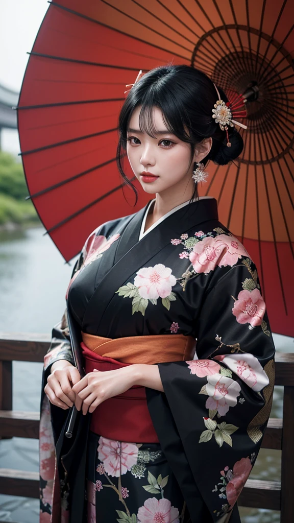 has an elegant and powerful appearance. She wears a modern reinterpretation of traditional Japanese attire, such as a kimono adorned with intricate details. Her long, black hair is often styled with contrasting accents. Kagura wields a large umbrella that serves both offensive and defensive purposes. Her expression is serious and confident, reflecting her skill and strength