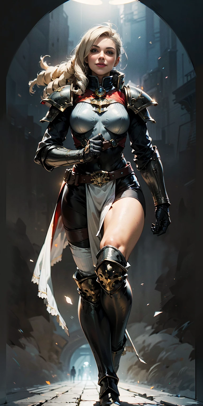 (masterpiece, best quality, 4k, 1girlsolo, 1MILF, mmplatz, smile, red cheeks, plain background:1.2) perfect face, perfect lighting, mature whsororitas with gloves red gauntlets in her hands like Cammy White from Street Fighter, bob white hair, warhammer 40k power armor suit with loincloth, red eyes like rubies, full body RED armor, view from below, looking to the viewer, arms to the sides empty hands, RED military boots, silver skull ornament attached to crossing 2 belt wide hips, 2 long legs