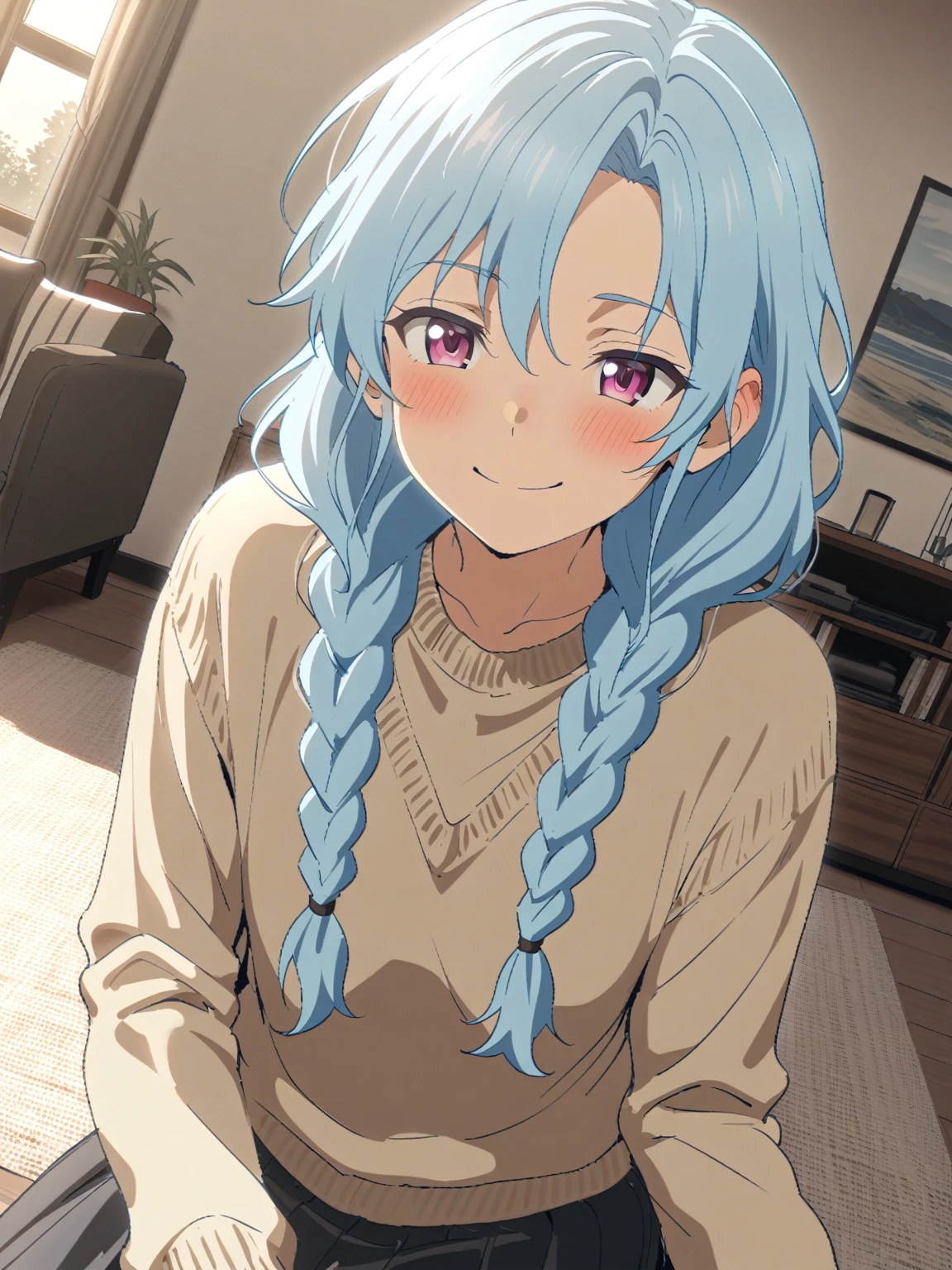 {{upper body, dutch angle}} {{Artist: sincos}} 1boy, mature male, light blue hair, long hair, braided hair, pink eyes, androgynous, sweater, skirt, indoors, living room, sitting, smile, pov