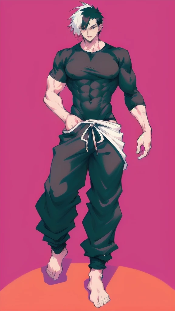 full body in image, masculine pose, unique hair, full man, casual black t shirt, white harem pants, male body, slender body, short hair, full body, hot body, sexy male body, dinamic pose. detalied pose, body, simple background, expressive face, focus on face, line art, sketch
