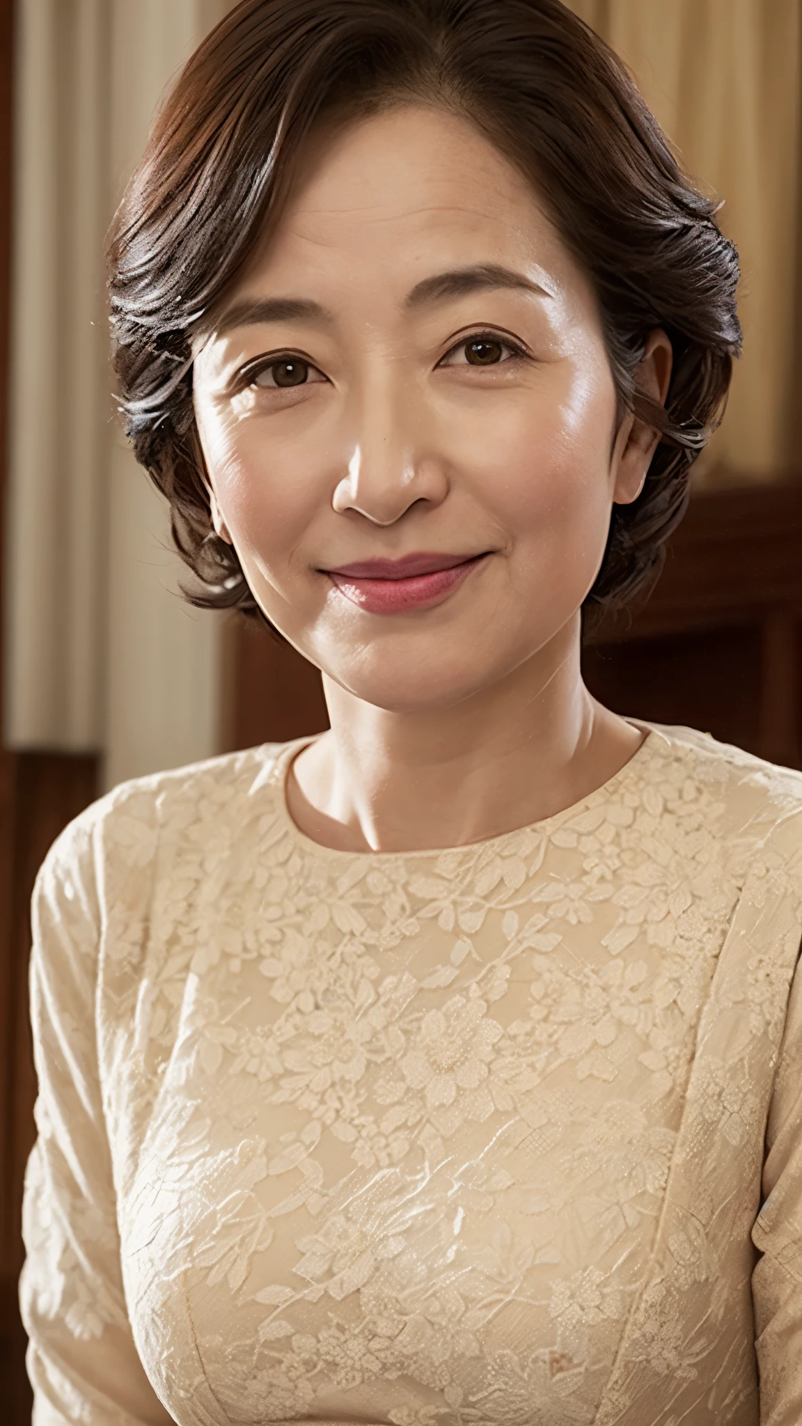 Kawase Hasui, gravure, senior citizen, Draw lips correctly, Red lipstick, From the chest up, 16K, Highest quality, Very detailed, Realistic, Very detailed肌, Perfect Anatomy, (Japanese), (alone), 100 years old, Large Breasts, Mature female politician, Glamour, sexy, Chromo White Skin, View your audience,
