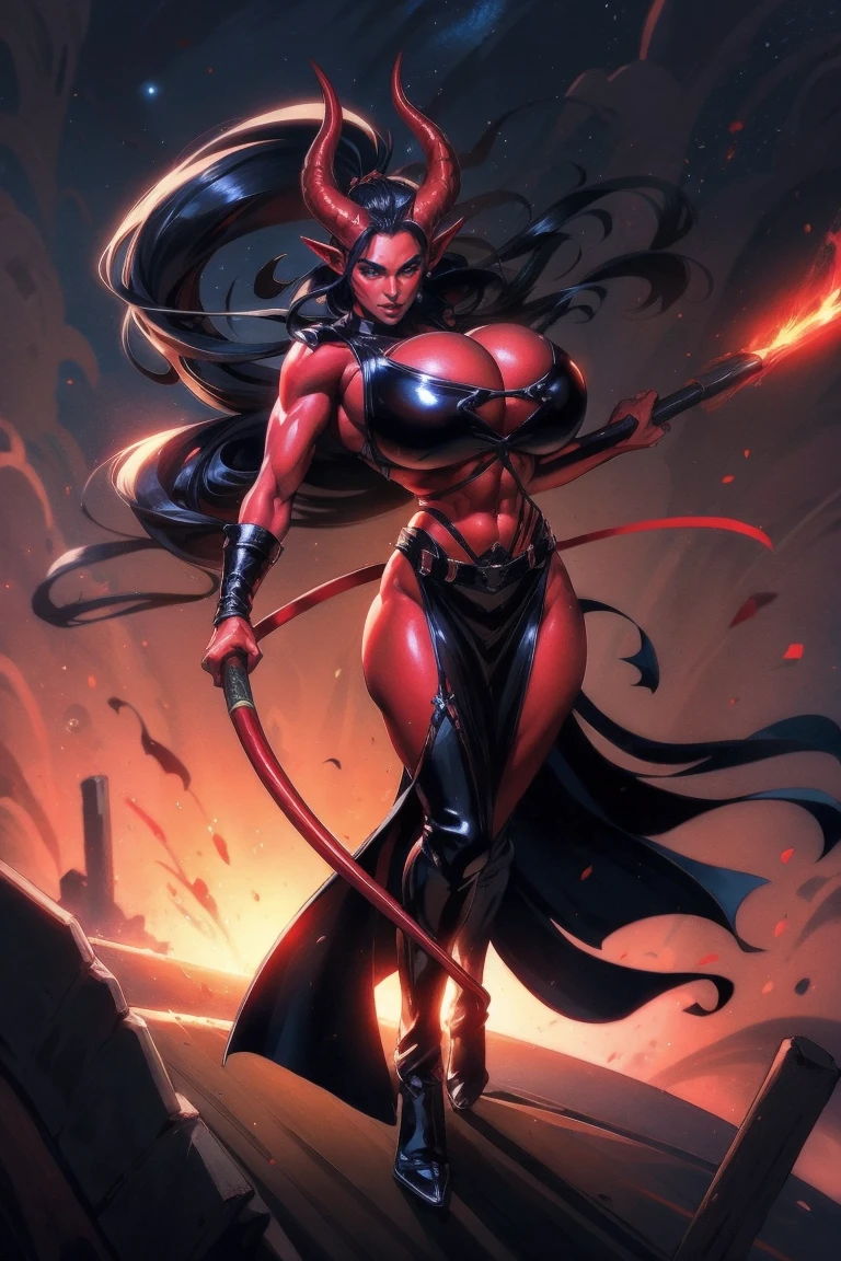 Red skin succubus tiefling, large breasts, black horns, wings, huge tail, black leather, crop top, long flowing pelvic curtain, tall, toned, graceful, thin, long black ponytail. Action scene, whip. Dark scene, explosions, night sky.