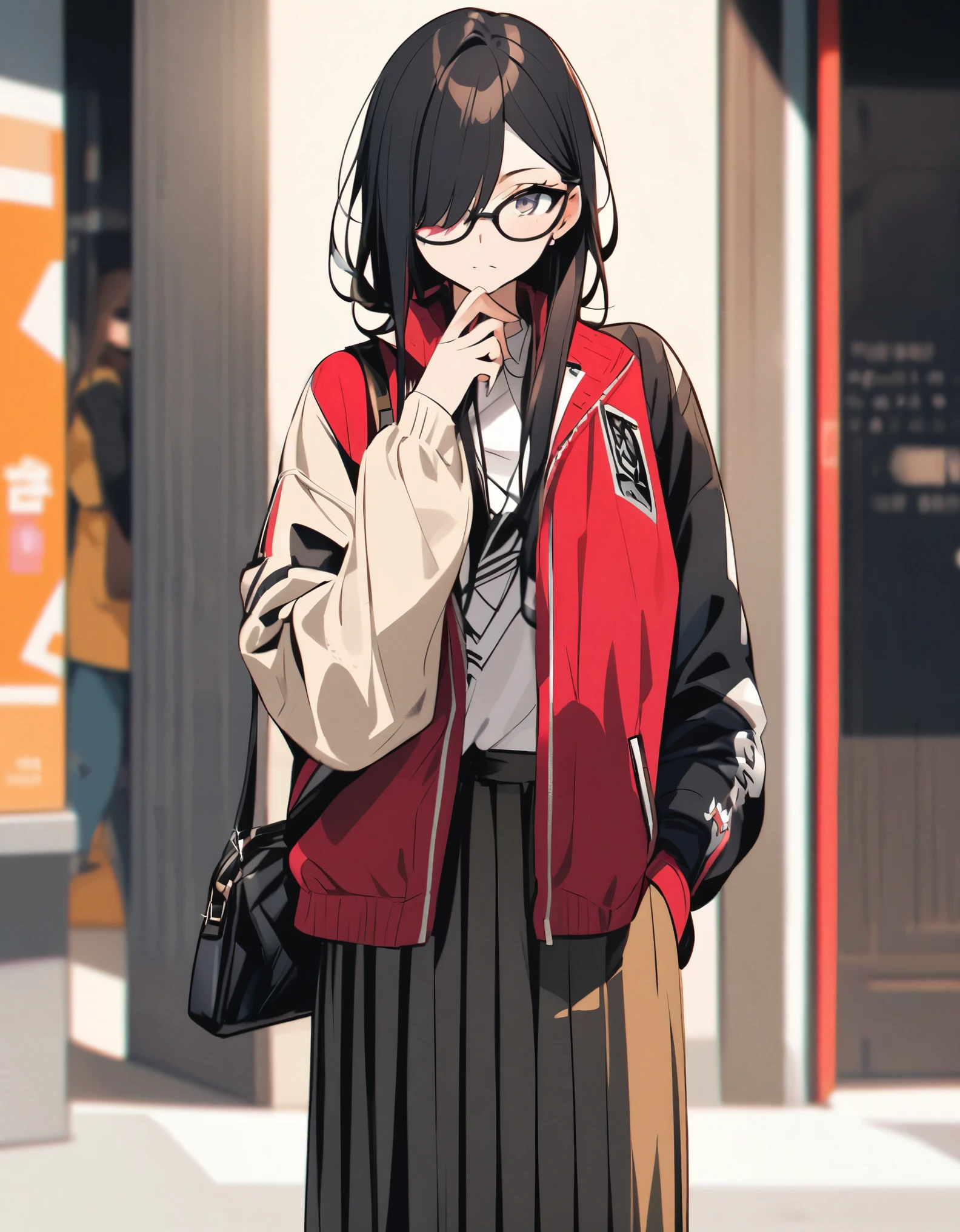 diagonal, bright、Glasses、woman、Jacket、Hiding one eye、stylish