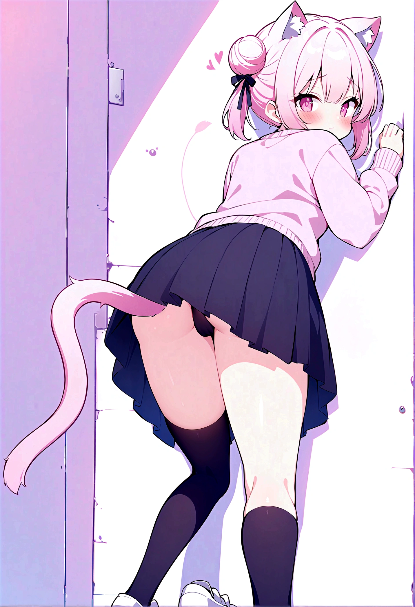 I have white pink hair, cat ears, a bun, my face is super blushing, black glasses, pink heart eyes, a big pink sweatshirt, a black skirt, black stockings, white shoes, a cat's tail, a girl. very shy that she is glued to a wall with her butt
