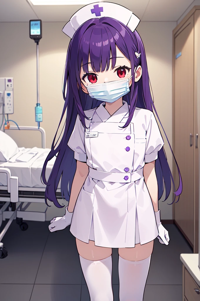 1boy, solo, male focus, nurse, white nurse cap, white nurse uniform, ((white legwear, zettai ryouiki)), white gloves, long hair, purple hair, red eyes, ((white surgical mask, covered nose)), standing, ((hospital room)), sharp outline, short sleeves, shota, , best quality, masterpiece