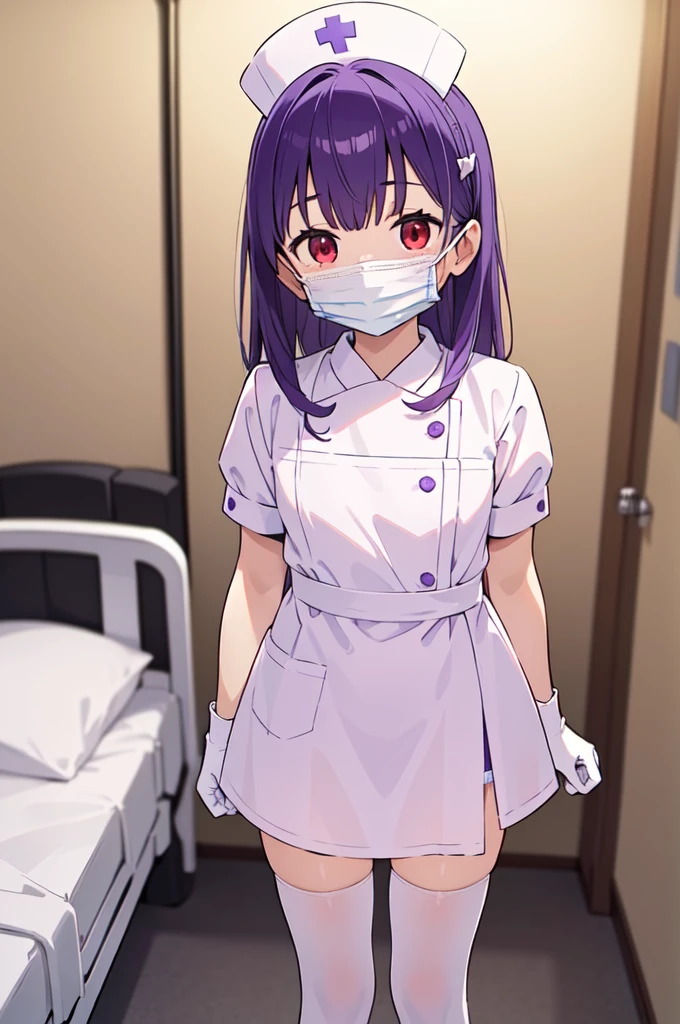 1boy, solo, male focus, nurse, white nurse cap, white nurse uniform, ((white legwear, zettai ryouiki)), white gloves, long hair, purple hair, red eyes, ((white surgical mask, covered nose)), standing, ((hospital room)), sharp outline, short sleeves, shota, , best quality, masterpiece