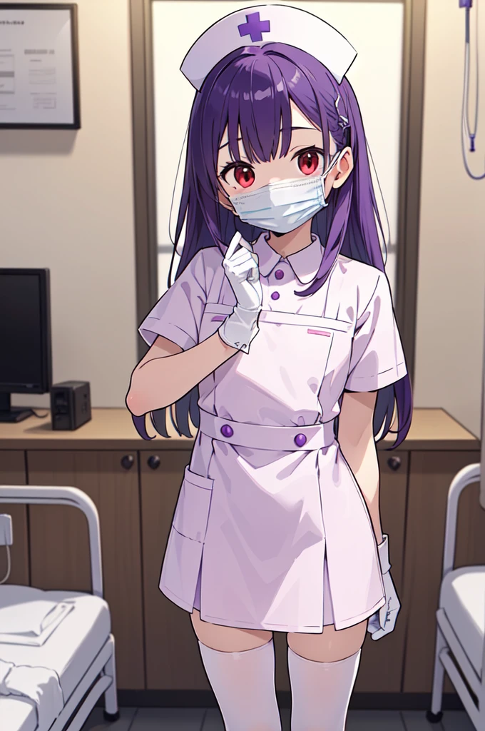 1boy, solo, male focus, nurse, white nurse cap, white nurse uniform, ((white legwear, zettai ryouiki)), white gloves, long hair, purple hair, red eyes, ((white surgical mask, covered nose)), standing, ((hospital room)), sharp outline, short sleeves, shota, 12 years old, best quality, masterpiece